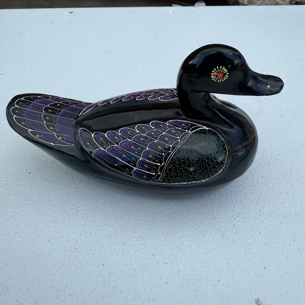 Black Lacquer Hand Painted Wood DUCK Trinket Jewelry Box Thailand  7 Inches‎